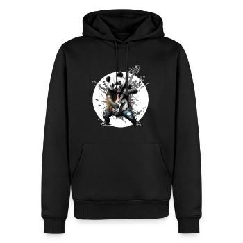 Panda spielt Rockmusik auf der Gitarre, lustiges Tier. - Männer Premium Bio Hoodie - Schwarz - Vorne - Nico (187cm)