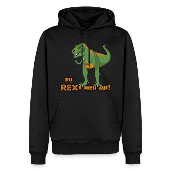 Genervter T-Rex sagt: "Du REXt mich auf!" Deutsch - Männer Premium Bio Hoodie - Schwarz - Vorne - Nico (187cm)