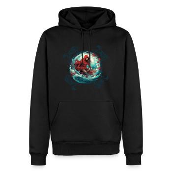 Le Petit Chaperon Rouge surfant sur planche de surf, loup sur vague - Sweat à capuche Premium bio Homme - noir - Devant - Nico (187cm)