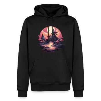nature, soleil, oiseaux, château, montagne, arbre, eau, paysage - Sweat à capuche Premium bio Homme - noir - Devant - Nico (187cm)