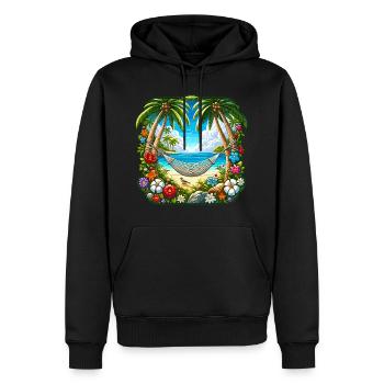 Ile tropicale avec palmiers et hamac - Sweat à capuche Premium bio Homme - noir - Devant - Nico (187cm)