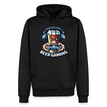 Ein Bier im Cartoon-Stil, das Videospiele abspielt - Männer Premium Bio Hoodie - Schwarz - Vorne - Nico (187cm)