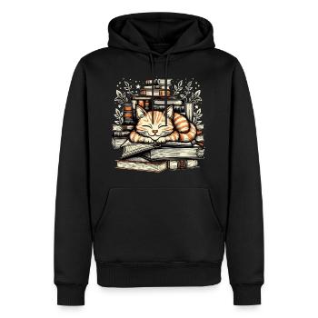 CHAT DOUILLET FAISANT UNE SIESTE SUR DES LIVRES - Sweat à capuche Premium bio Homme - noir - Devant - Nico (187cm)