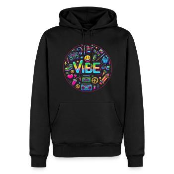 Retro-Vibe: Neon Buzz - Männer Premium Bio Hoodie - Schwarz - Vorne - Nico (187cm)