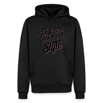 Toujours en retard mais stylé ! - Sweat à capuche Premium bio Homme - noir - Devant - Nico (187cm)