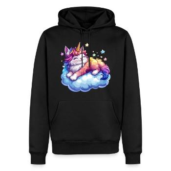 Un chat avec une corne de licorne sur un nuage - Sweat à capuche Premium bio Homme - noir - Devant - Nico (187cm)