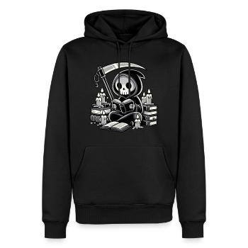 Grim Reaper Bookworm with Scythe - Men’s Premium Organic Hoodie - black - Front - Nico (187cm)