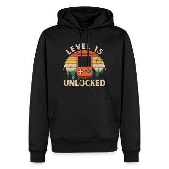 Level 15 freigeschaltet - Männer Premium Bio Hoodie - Schwarz - Vorne - Nico (187cm)