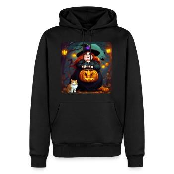 Dicke Hexe mit Kürbislaterne und Katze - Männer Premium Bio Hoodie - Schwarz - Vorne - Nico (187cm)