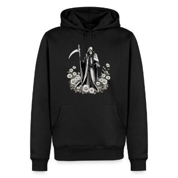 Illustration de fleurs de la Faucheuse - Sweat à capuche Premium bio Homme - noir - Devant - Nico (187cm)