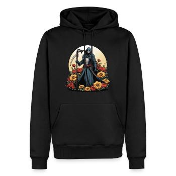 Illustration de fleurs de la Faucheuse - Sweat à capuche Premium bio Homme - noir - Devant - Nico (187cm)