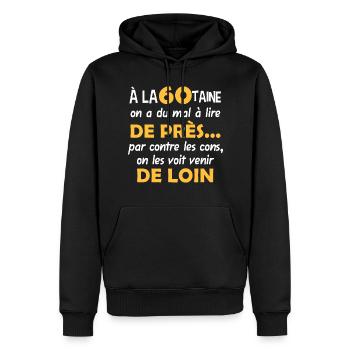 60 ans, humour anniversaire décennie âge naissance - Sweat à capuche Premium bio Homme - noir - Devant - Nico (187cm)