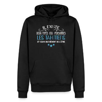 Tahiti, humour tahitien, idée cadeau région, île - Sweat à capuche Premium bio Homme - noir - Devant - Nico (187cm)