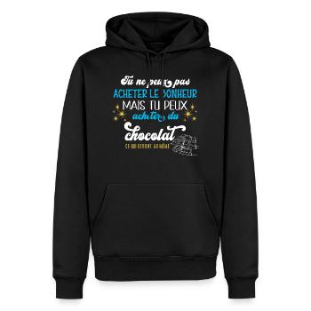 Humour chocolat, idée cadeau, bonheur et chocolats - Sweat à capuche Premium bio Homme - noir - Devant - Nico (187cm)