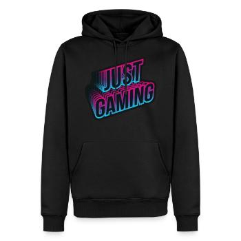 JUST GAMING Lettrage de couleur néon - Sweat à capuche Premium bio Homme - noir - Devant - Nico (187cm)