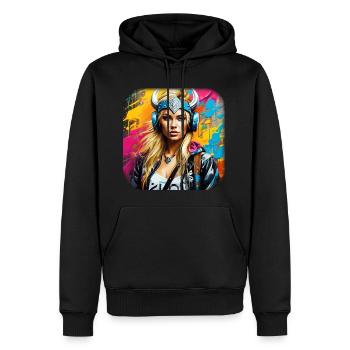 Moderne Wikingerin mit Kopfhörer - Männer Premium Bio Hoodie - Schwarz - Vorne - Nico (187cm)