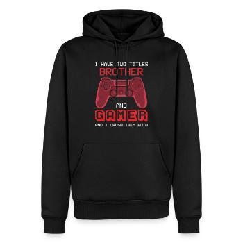 Citation du joueur J’ai deux titres Frère et joueur - Sweat à capuche Premium bio Homme - noir - Devant - Nico (187cm)