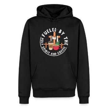 Kaffeezitat angetrieben vom Heiligen Geist und Kaffee - Männer Premium Bio Hoodie - Schwarz - Vorne - Nico (187cm)