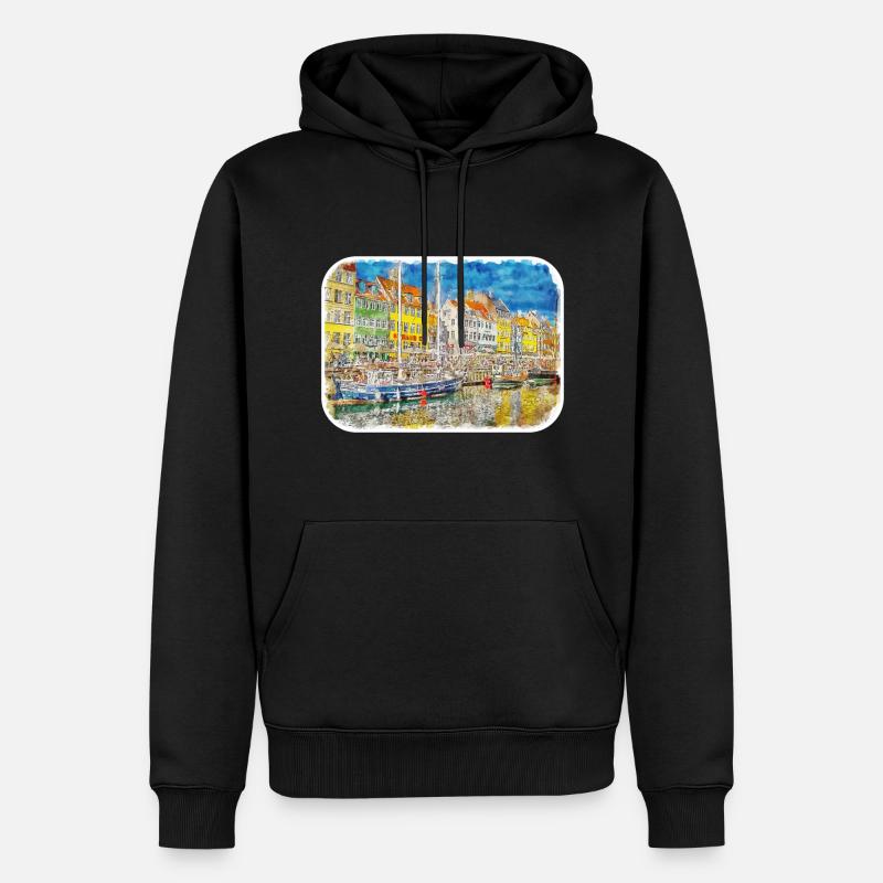 Copenhague Danemark Aquarelle Sketch Illustration - Sweat à capuche Premium bio Homme - noir