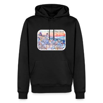Santorin Grèce Aquarelle Esquisse Dessinée Illustrat - Sweat à capuche Premium bio Homme - noir - Devant - Nico (187cm)