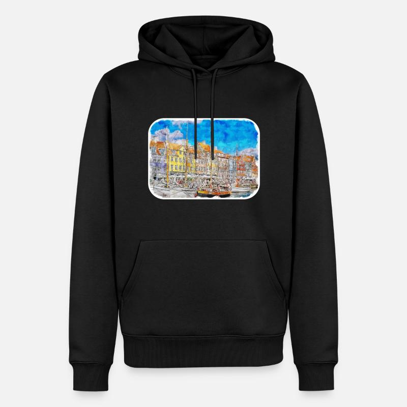 Copenhague Danemark Aquarelle Sketch Illustration - Sweat à capuche Premium bio Homme - noir