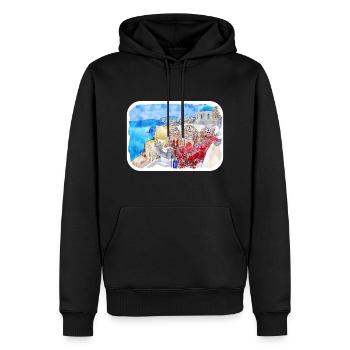 Santorin Grèce Aquarelle Sketch Illustration - Sweat à capuche Premium bio Homme - noir - Devant - Nico (187cm)