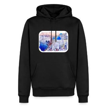 Santorin Grèce Aquarelle Esquisse Dessinée Illustrat - Sweat à capuche Premium bio Homme - noir - Devant - Nico (187cm)