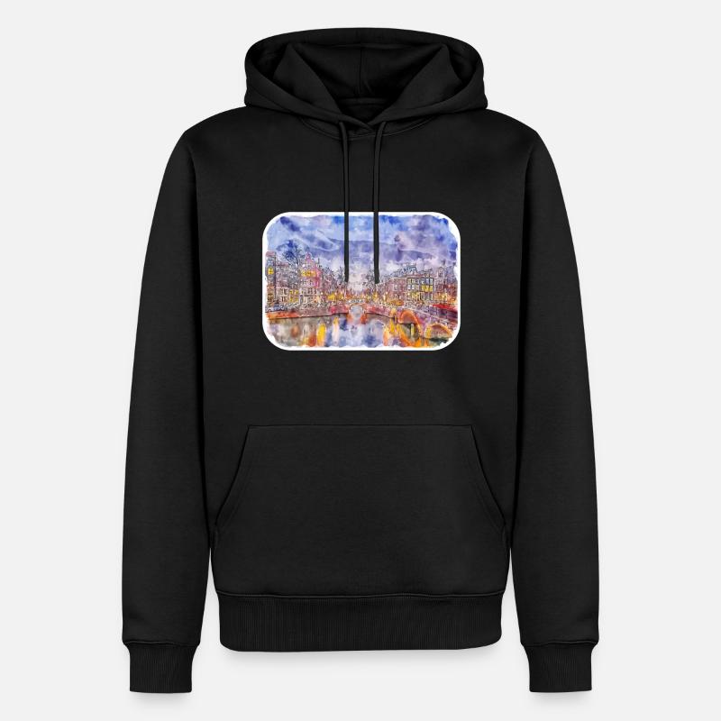 Amsterdam Pays-Bas Aquarelle Dessin d’esquisse - Sweat à capuche Premium bio Homme - noir