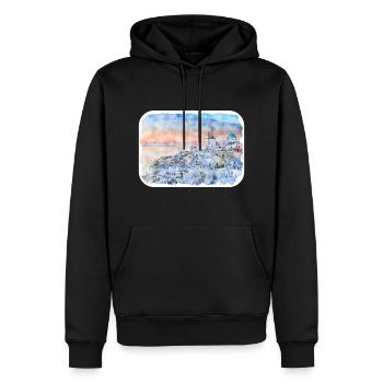 Santorin Grèce Aquarelle Sketch Illustration - Sweat à capuche Premium bio Homme - noir - Devant - Nico (187cm)
