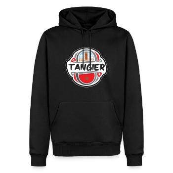 Tangier Morocco Flag Badge Travel Souvenir Stamp - Men’s Premium Organic Hoodie - black - Front - Nico (187cm)