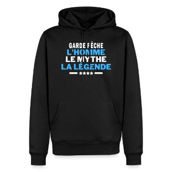 GARDE PÊCHE l'homme le mythe la légende - humour - Sweat à capuche Premium bio Homme - noir - Devant - Nico (187cm)