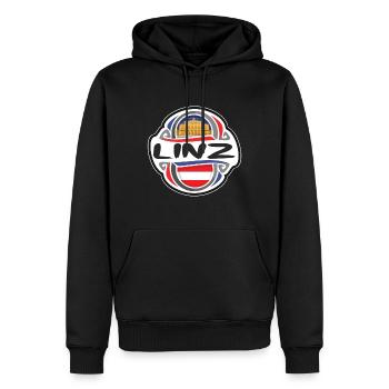 Linz Austria Flag Badge Travel Souvenir Stamp - Men’s Premium Organic Hoodie - black - Front - Nico (187cm)
