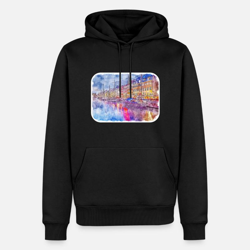 Copenhague Danemark Aquarelle Sketch Illustration - Sweat à capuche Premium bio Homme - noir