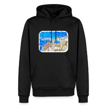 Santorin Grèce Aquarelle Esquisse Dessinée Illustrat - Sweat à capuche Premium bio Homme - noir - Devant - Nico (187cm)