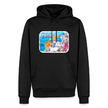 Santorin Grèce Aquarelle Esquisse Dessin Dessiné - Sweat à capuche Premium bio Homme - noir - Devant - Nico (187cm)