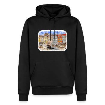 Copenhague, Danemark, Croquis à l’aquarelle, illustration - Sweat à capuche Premium bio Homme - noir - Devant - Nico (187cm)