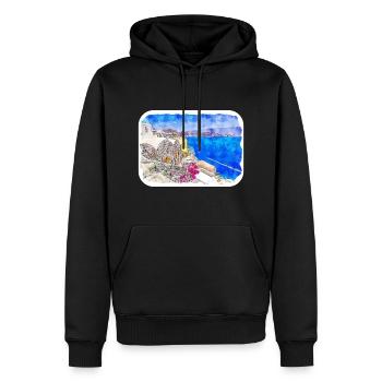 Santorin Grèce croquis aquarelle dessin dessiné - Sweat à capuche Premium bio Homme - noir - Devant - Nico (187cm)