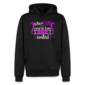 Quand Dieu m’a créée, elle a souri - Sweat à capuche Premium bio Homme - noir - Devant - Nico (187cm)