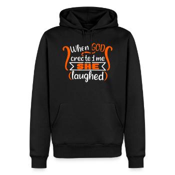 Quand Dieu m’a créée, elle a ri - Sweat à capuche Premium bio Homme - noir - Devant - Nico (187cm)