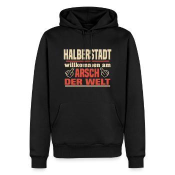 Halberstadt - Männer Premium Bio Hoodie - Schwarz - Vorne - Nico (187cm)