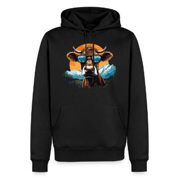 Une vache en lunettes de soleil en montagne - Sweat à capuche Premium bio Homme - noir - Devant - Nico (187cm)