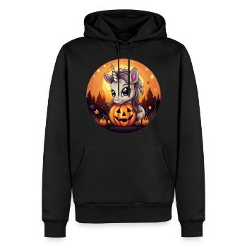 Halloween unicorn with pumpkin at sunset - Men’s Premium Organic Hoodie - black - Front - Nico (187cm)