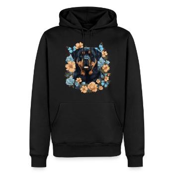 Chien rottweiler avec des fleurs - Sweat à capuche Premium bio Homme - noir - Devant - Nico (187cm)
