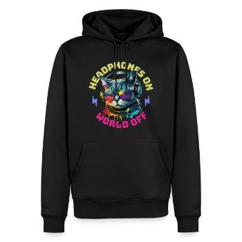 Katze Kopfhörer Musik Headphones On World Off - Männer Premium Bio Hoodie - Schwarz - Vorne - Nico (187cm)