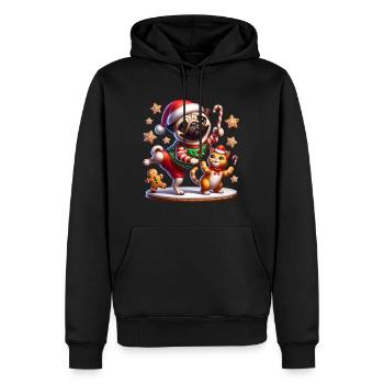 Carlin danse avec un chat et un bonhomme en pain d’épice Noël - Sweat à capuche Premium bio Homme - noir - Devant - Nico (187cm)