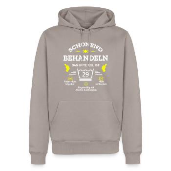 SCHONEND BEHANDELN 29. GEBURTSTAG - Männer Premium Bio Hoodie - Taupe - Vorne - Nico (187cm)
