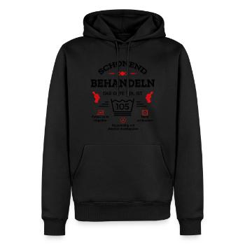 HANDLE MIT SORGFALT – 105 JAHRE PERFEKTION - Männer Premium Bio Hoodie - Schwarz - Vorne - Nico (187cm)