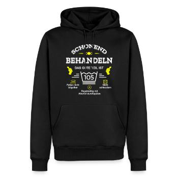 HANDLE MIT SORGFALT – 105 JAHRE PERFEKTION - Männer Premium Bio Hoodie - Schwarz - Vorne - Nico (187cm)