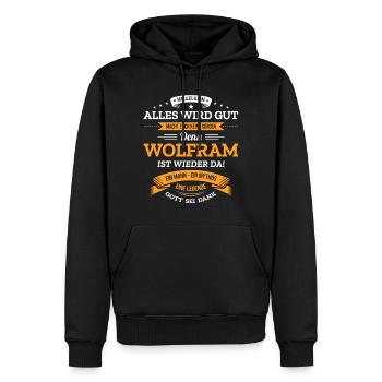 ALLES WIRD GUT, DIE LEGENDE WOLFRAM IST DA - Männer Premium Bio Hoodie - Schwarz - Vorne - Nico (187cm)