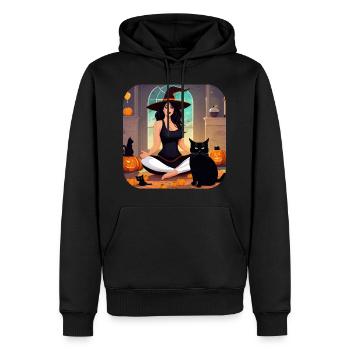 Halloween Hexe beim Joga mit schwarzen Katzen - Männer Premium Bio Hoodie - Schwarz - Vorne - Nico (187cm)